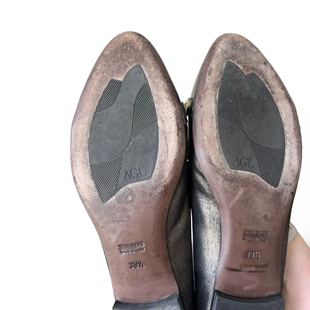 AGL Attilio Giusti Leombruni Leather Patent Cap Toe Chain Flats EU 39 US 8.5